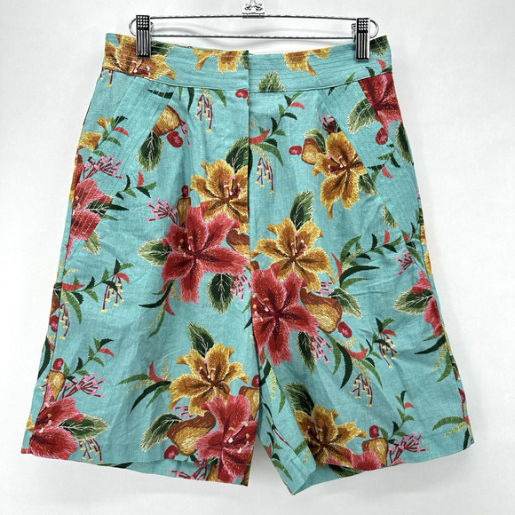 NWT Anthropologie Farm Rio Melanie Bermuda‎ Linen Shorts Sz S Blue Tropical Boho - Picture 2 of 12